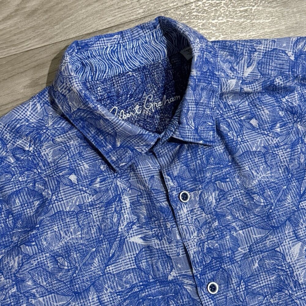 Robert Graham Shirt Mens Large Blue Floral Classic Fit Short Sleeve Button Up